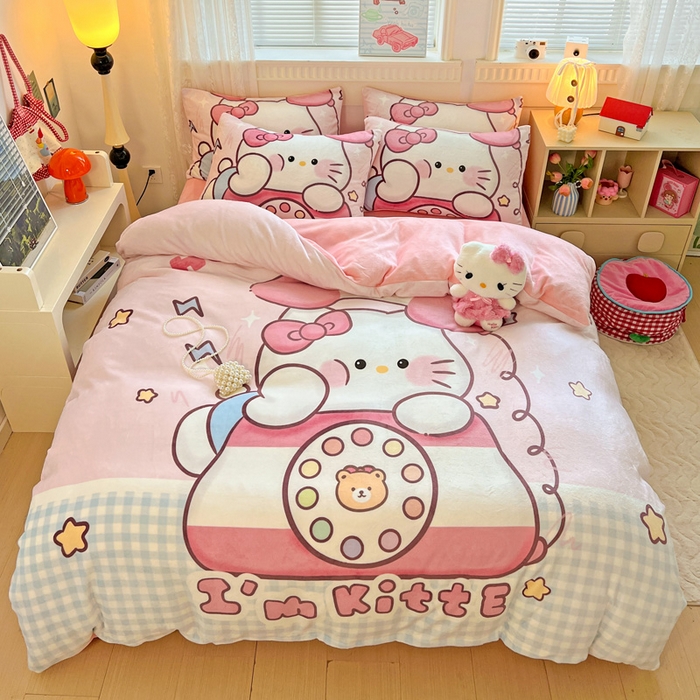 喜梦缘 2025 新款大版卡通牛奶绒印花四件套 粉甜通话喵