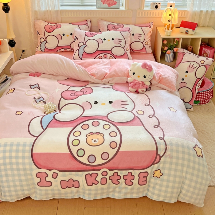 91家纺网 家纺一手货源 找家纺 喜梦缘 2025 新款大版卡通牛奶绒印花四件套 粉甜通话喵