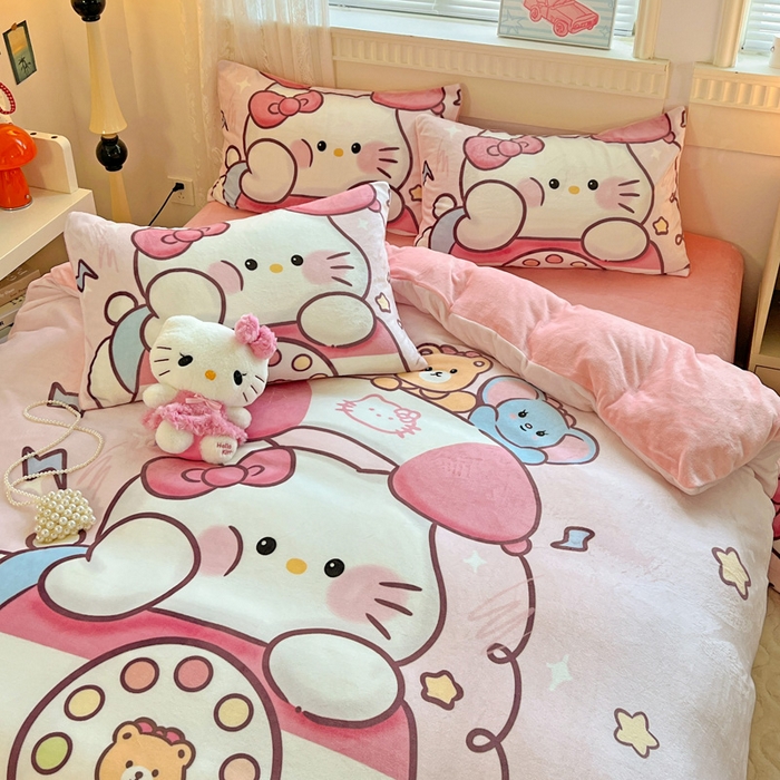 91家纺网 家纺一手货源 找家纺 喜梦缘 2025 新款大版卡通牛奶绒印花四件套 粉甜通话喵