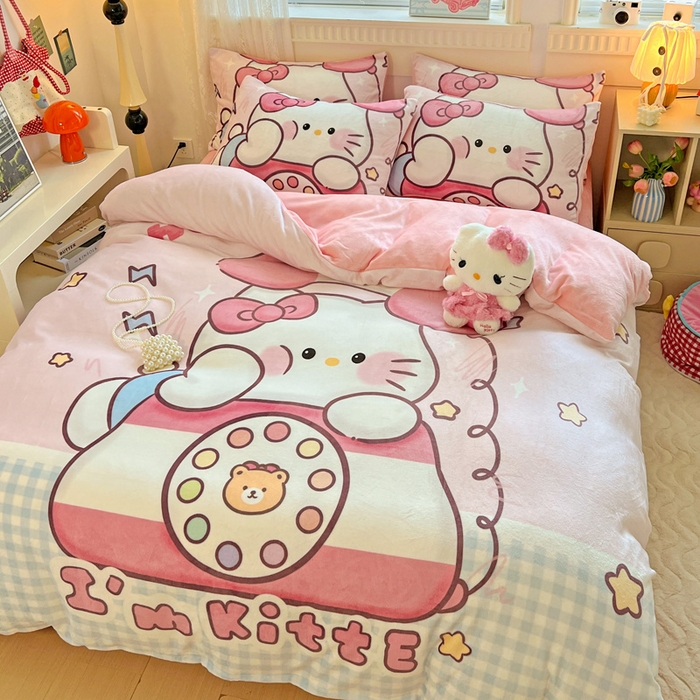 91家纺网 家纺一手货源 找家纺 喜梦缘 2025 新款大版卡通牛奶绒印花四件套 粉甜通话喵