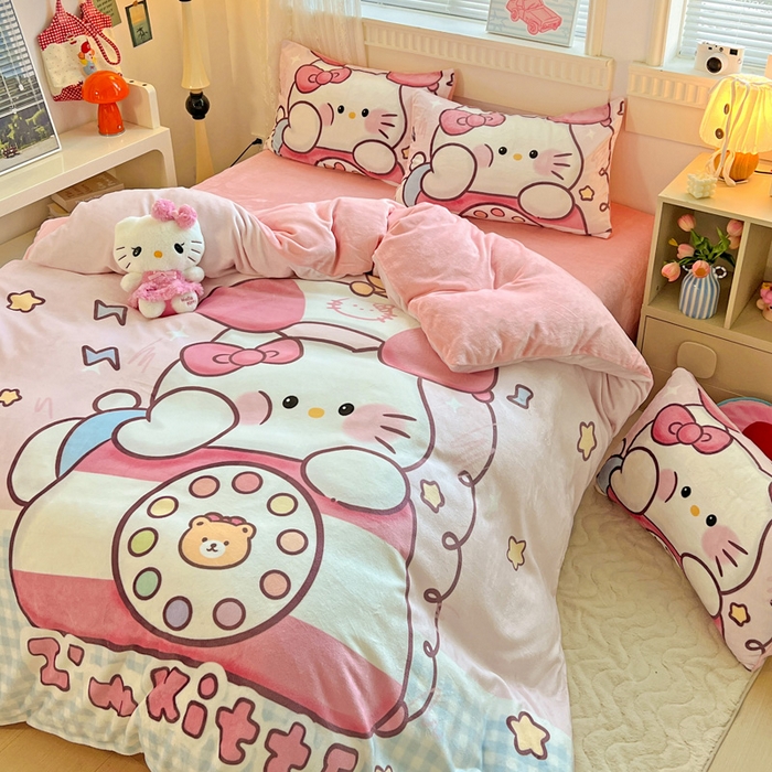 91家纺网 家纺一手货源 找家纺 喜梦缘 2025 新款大版卡通牛奶绒印花四件套 粉甜通话喵