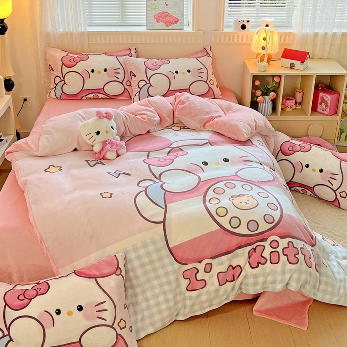 91家纺网 家纺一手货源 找家纺 喜梦缘 2025 新款大版卡通牛奶绒印花四件套 粉甜通话喵