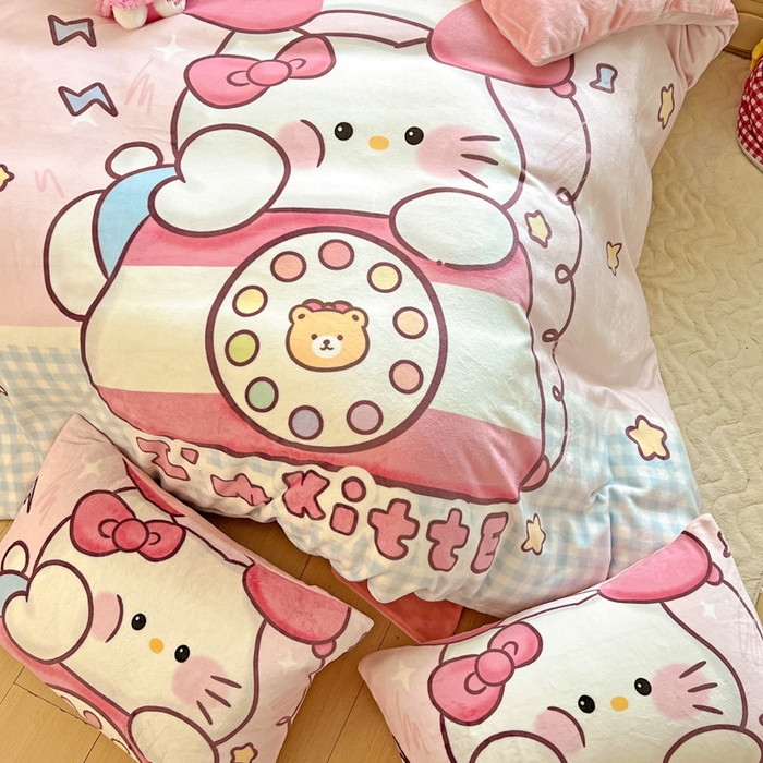 91家纺网 家纺一手货源 找家纺 喜梦缘 2025 新款大版卡通牛奶绒印花四件套 粉甜通话喵