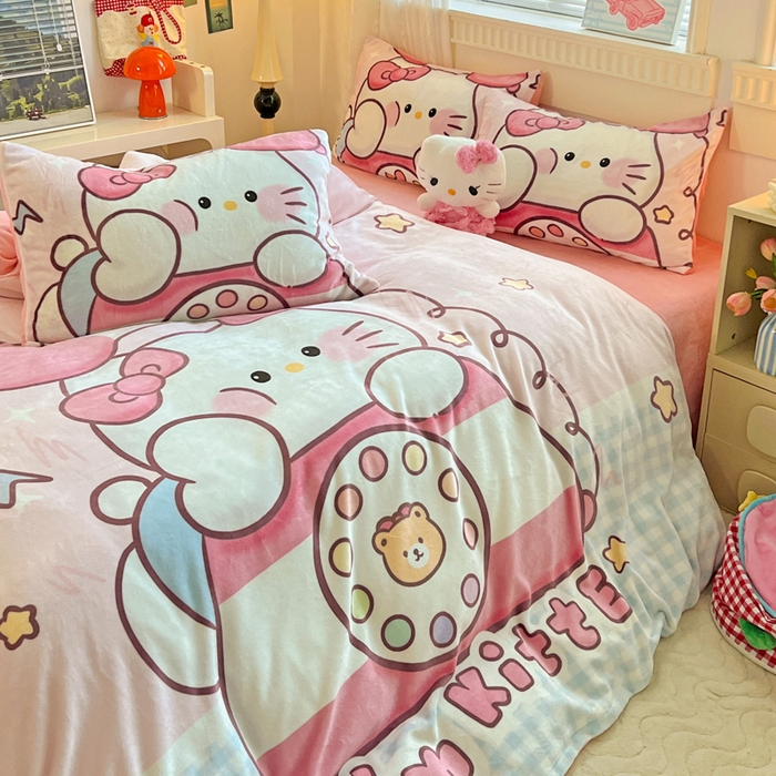 91家纺网 家纺一手货源 找家纺 喜梦缘 2025 新款大版卡通牛奶绒印花四件套 粉甜通话喵