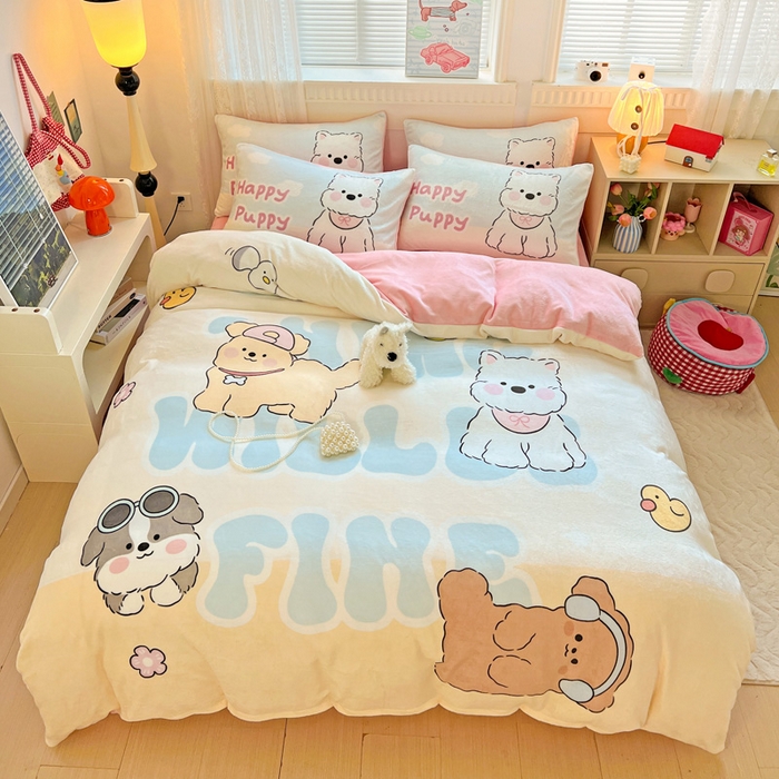 喜梦缘 2025 新款大版卡通牛奶绒印花四件套 萌宠乐园
