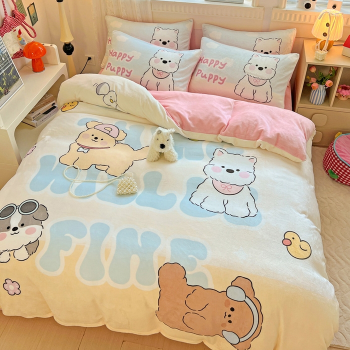 91家纺网 家纺一手货源 找家纺 喜梦缘 2025 新款大版卡通牛奶绒印花四件套 萌宠乐园