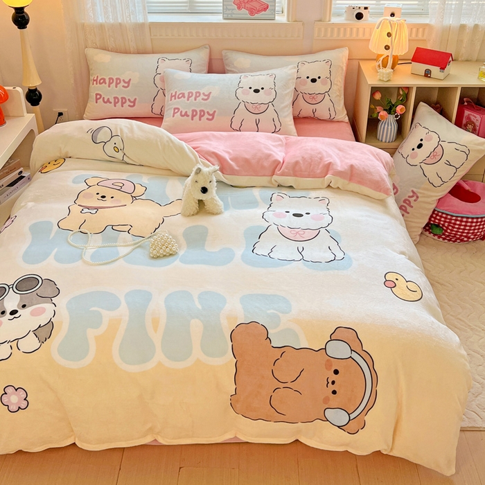 91家纺网 家纺一手货源 找家纺 喜梦缘 2025 新款大版卡通牛奶绒印花四件套 萌宠乐园