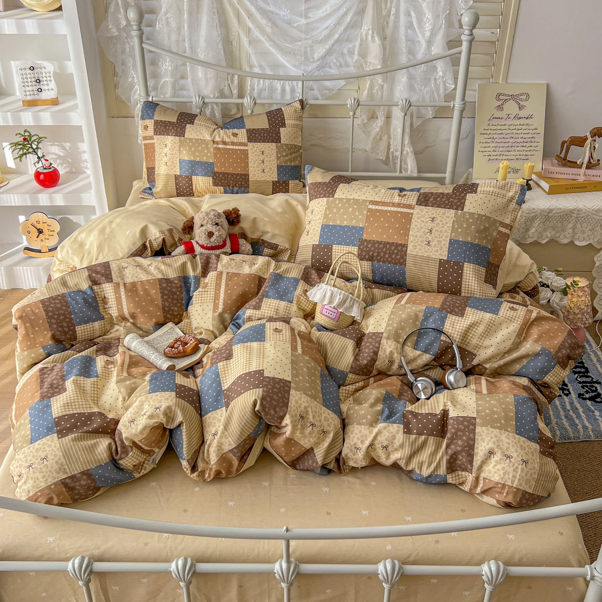 91家纺网 家纺一手货源 找家纺 桃喜 2026春夏新品全棉碎花三件套四件套-场景二 复古拼布碎花（全棉）