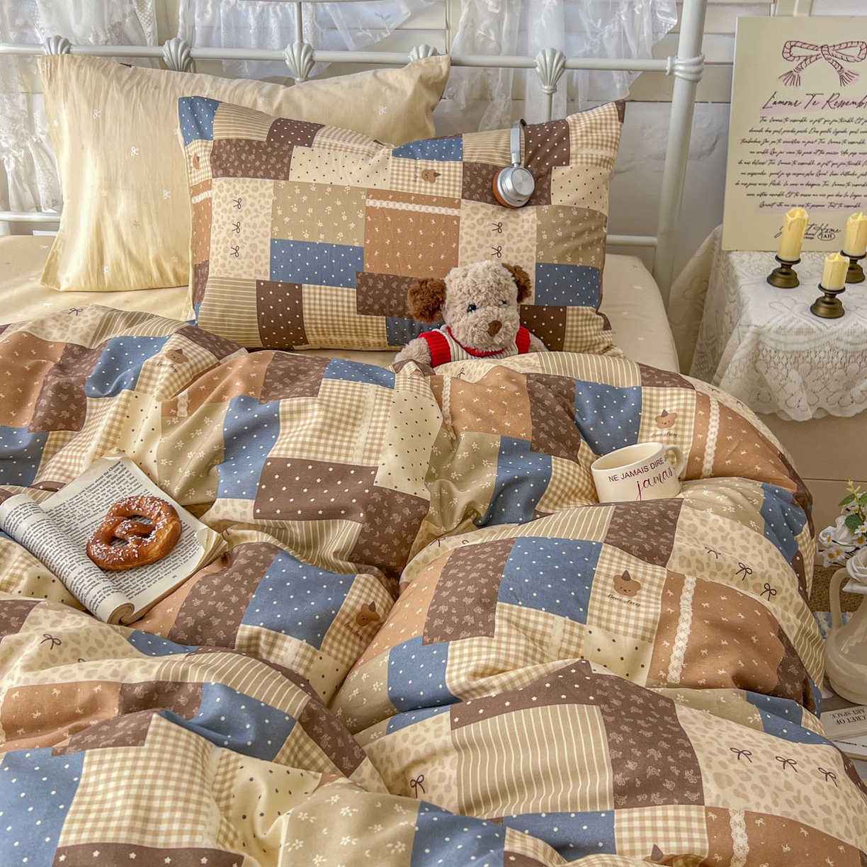 91家纺网 家纺一手货源 找家纺 桃喜 2026春夏新品全棉碎花三件套四件套-场景二 复古拼布碎花（全棉）