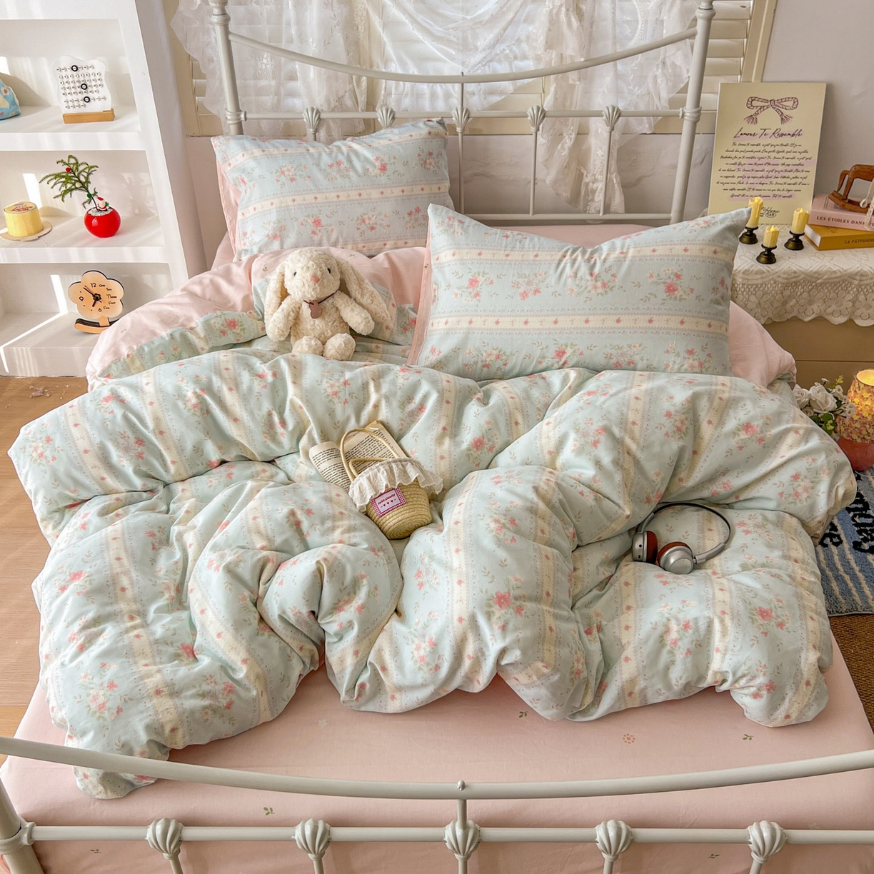 91家纺网 家纺一手货源 找家纺 桃喜 2026春夏新品全棉碎花三件套四件套-场景二 馥郁蓝（全棉）