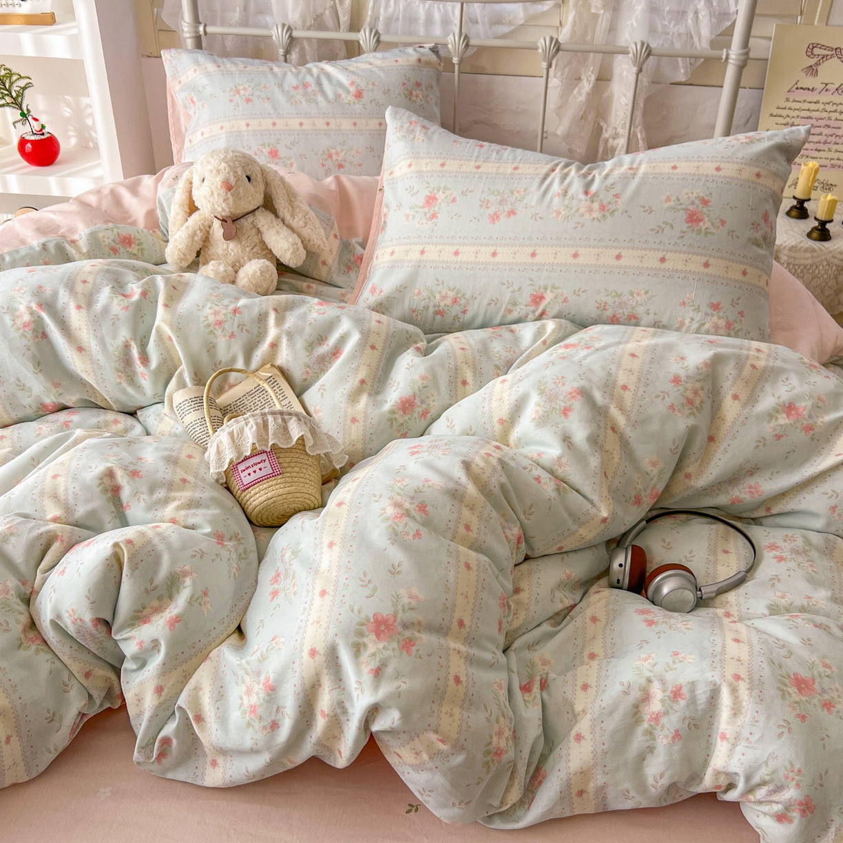 91家纺网 家纺一手货源 找家纺 桃喜 2026春夏新品全棉碎花三件套四件套-场景二 馥郁蓝（全棉）