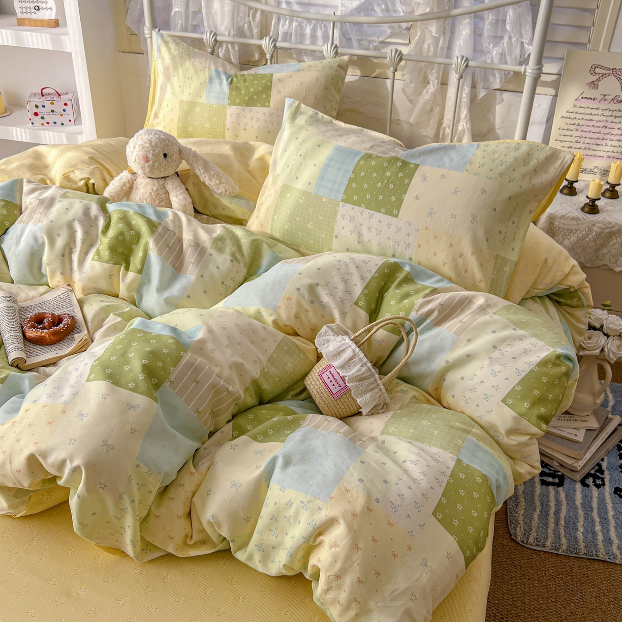 91家纺网 家纺一手货源 找家纺 桃喜 2026春夏新品全棉碎花三件套四件套-场景二 绿格拼布碎花（全棉）