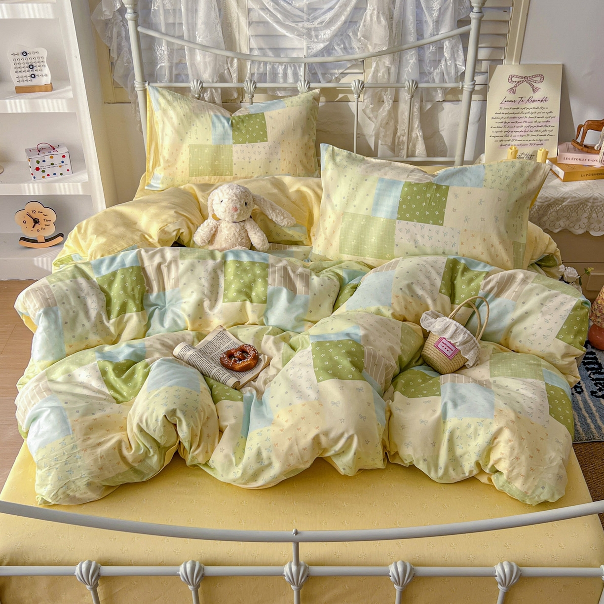 91家纺网 家纺一手货源 找家纺 桃喜 2026春夏新品全棉碎花三件套四件套-场景二 绿格拼布碎花（全棉）