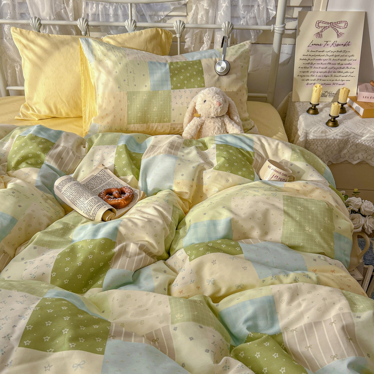 91家纺网 家纺一手货源 找家纺 桃喜 2026春夏新品全棉碎花三件套四件套-场景二 绿格拼布碎花（全棉）