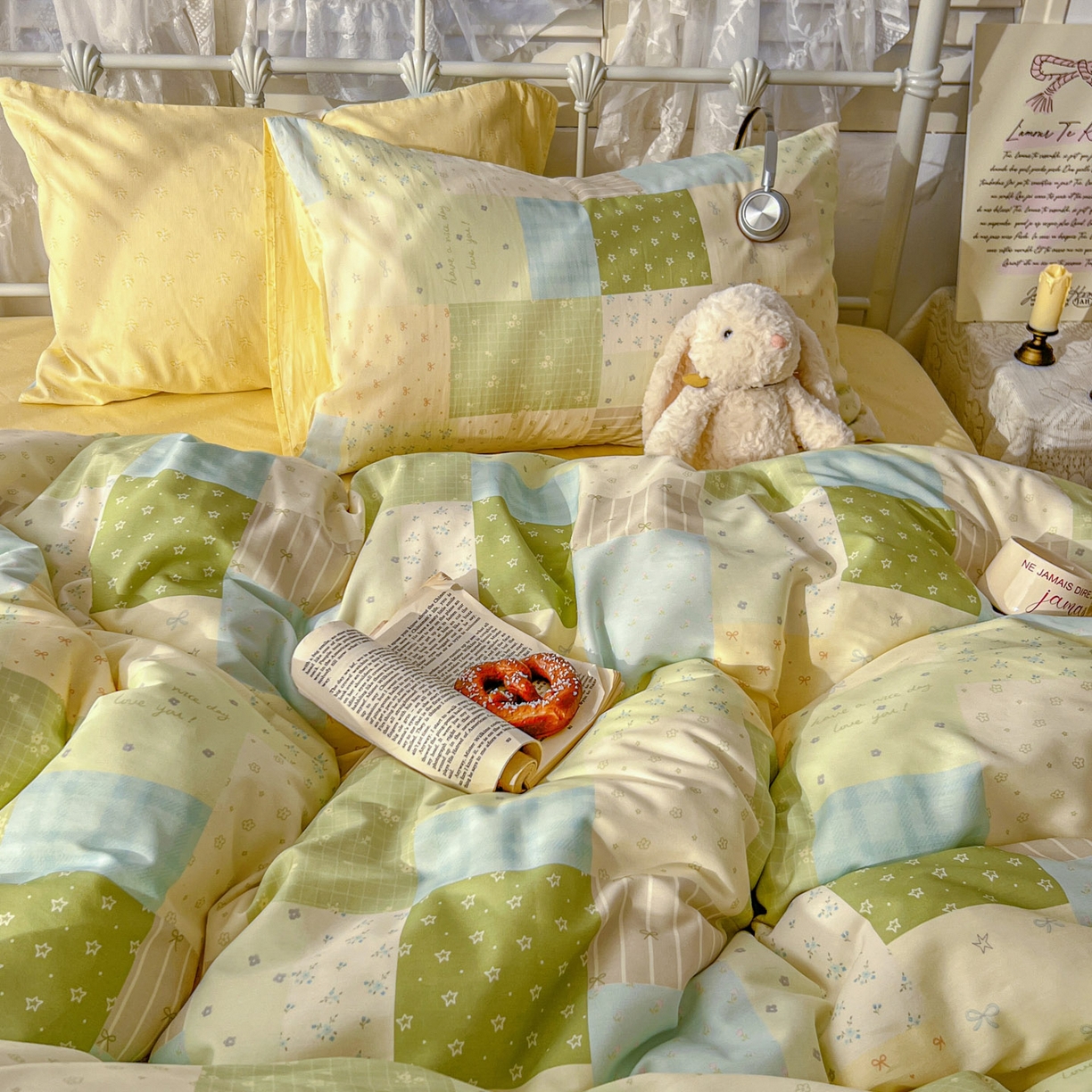 91家纺网 家纺一手货源 找家纺 桃喜 2026春夏新品全棉碎花三件套四件套-场景二 绿格拼布碎花（全棉）