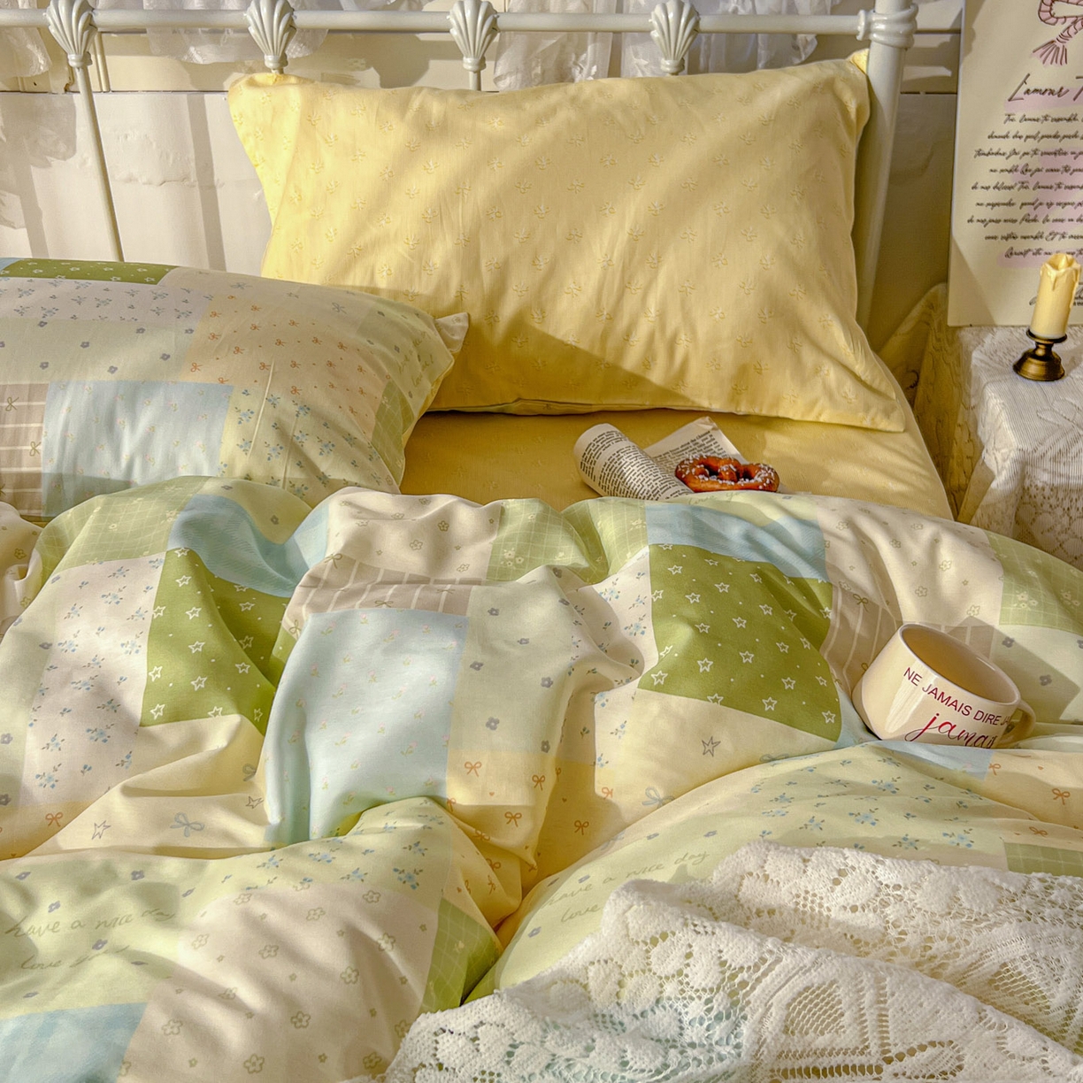 91家纺网 家纺一手货源 找家纺 桃喜 2026春夏新品全棉碎花三件套四件套-场景二 绿格拼布碎花（全棉）