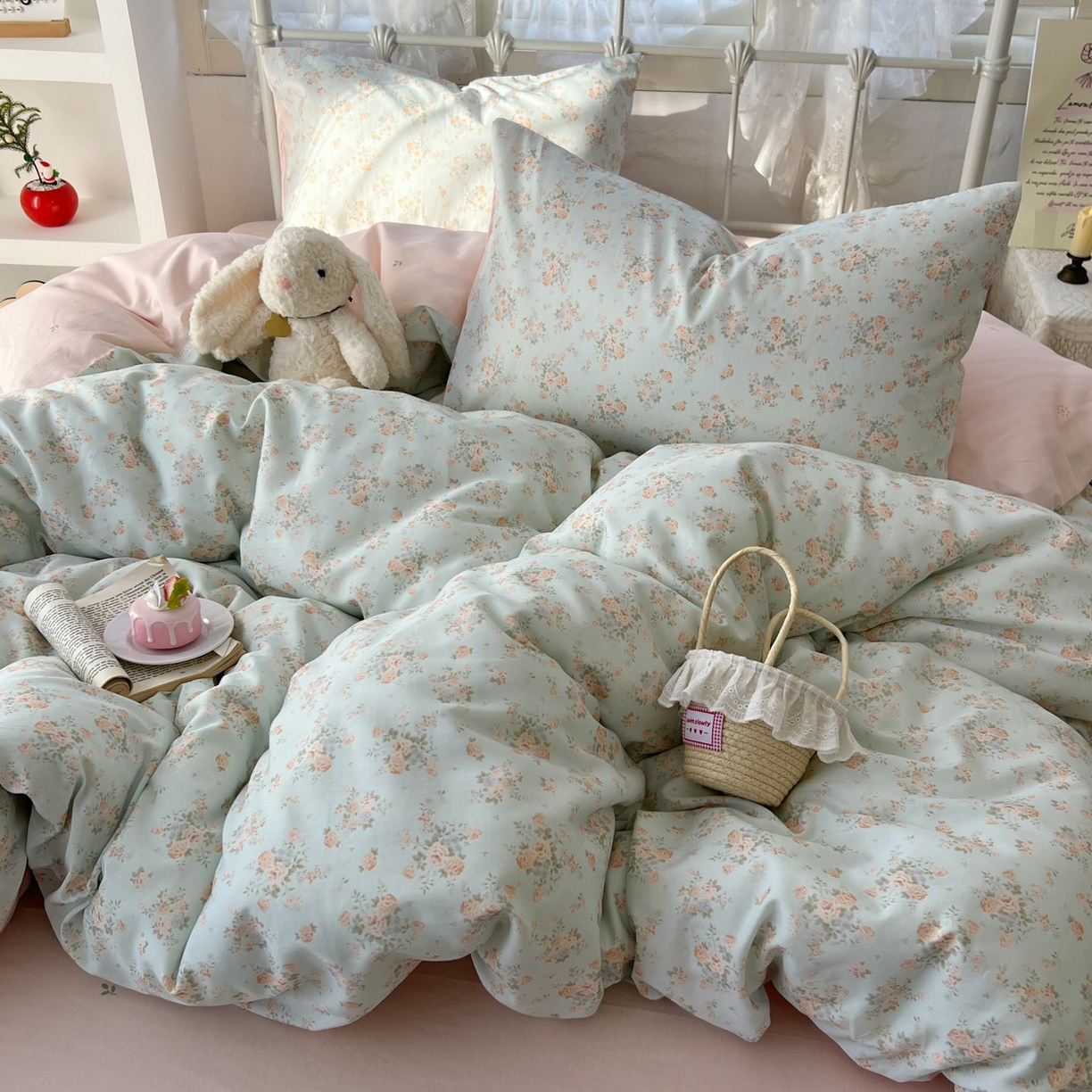 91家纺网 家纺一手货源 找家纺 桃喜 2026春夏新品全棉碎花三件套四件套-场景二 山茶（全棉）