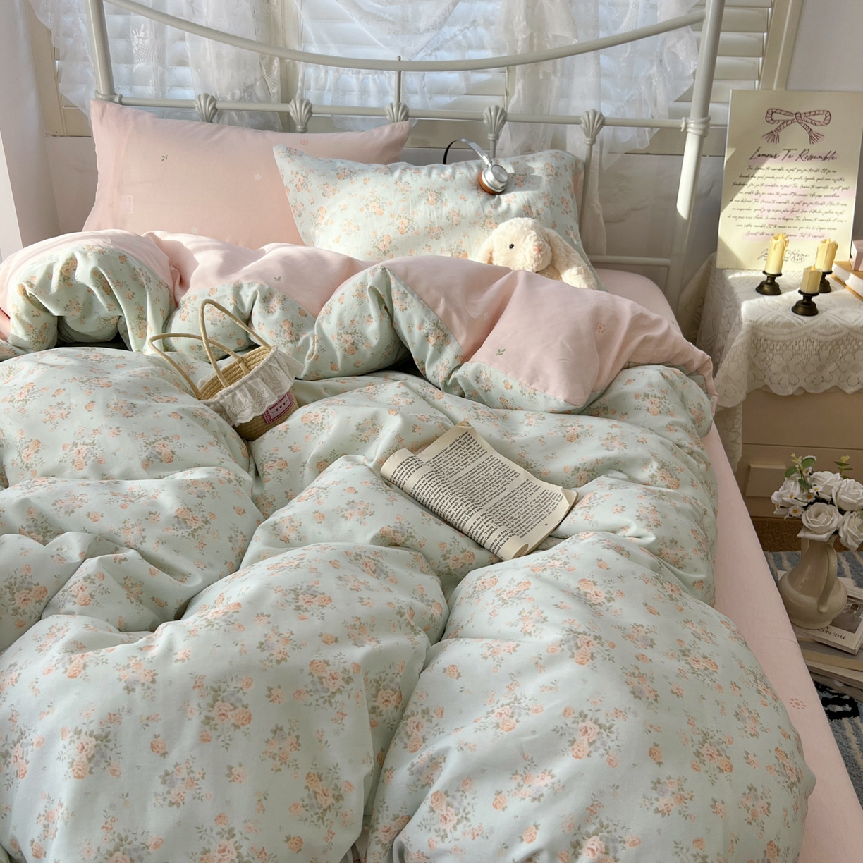 91家纺网 家纺一手货源 找家纺 桃喜 2026春夏新品全棉碎花三件套四件套-场景二 山茶（全棉）