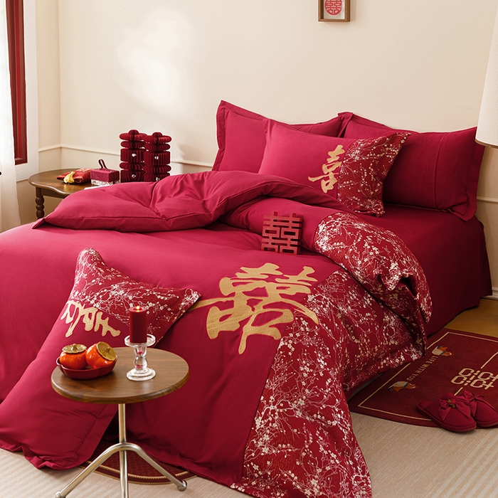 91家纺网 家纺一手货源 找家纺 （总）苏源家居 2026新款婚庆大红色刺绣喜字结婚四件套