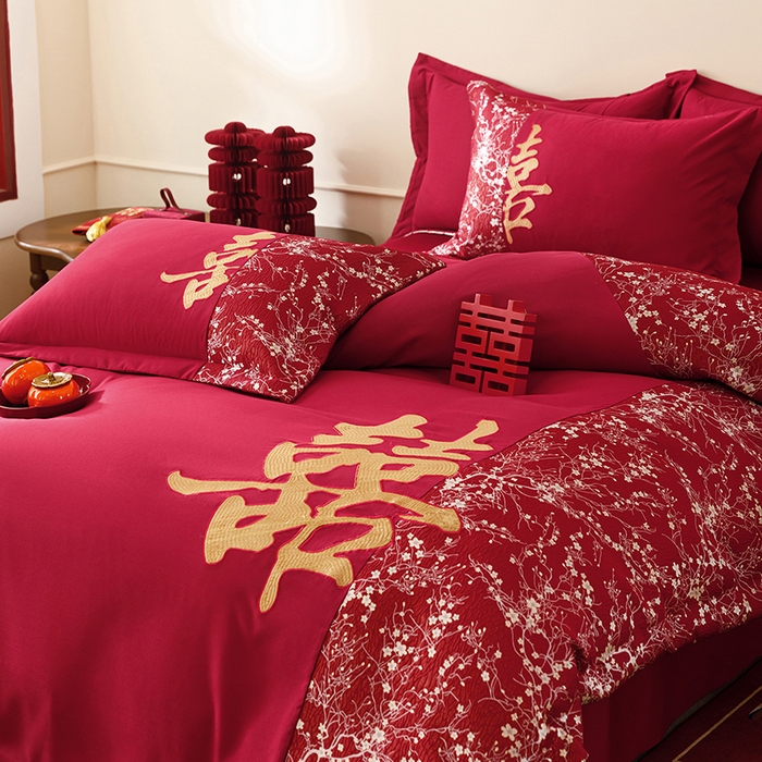 91家纺网 家纺一手货源 找家纺 （总）苏源家居 2026新款婚庆大红色刺绣喜字结婚四件套