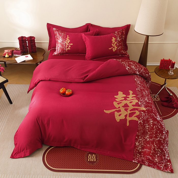 91家纺网 家纺一手货源 找家纺 （总）苏源家居 2026新款婚庆大红色刺绣喜字结婚四件套