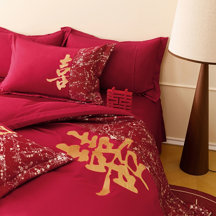 91家纺网 家纺一手货源 找家纺 （总）苏源家居 2026新款婚庆大红色刺绣喜字结婚四件套