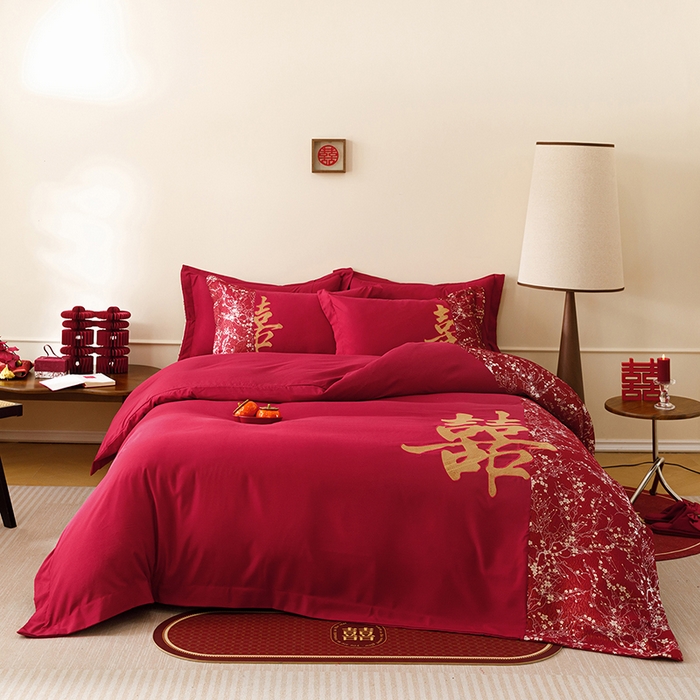 91家纺网 家纺一手货源 找家纺 （总）苏源家居 2026新款婚庆大红色刺绣喜字结婚四件套