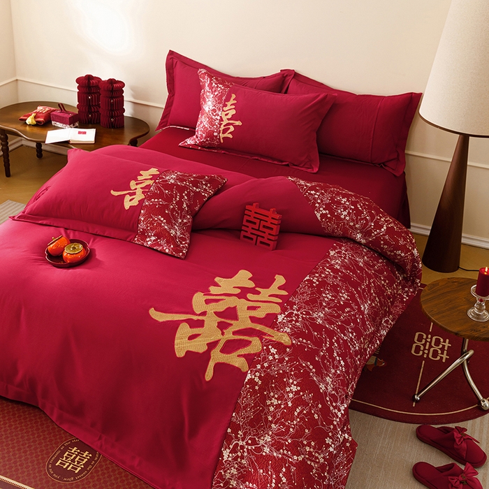 91家纺网 家纺一手货源 找家纺 （总）苏源家居 2026新款婚庆大红色刺绣喜字结婚四件套