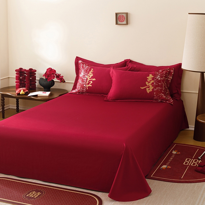 91家纺网 家纺一手货源 找家纺 （总）苏源家居 2026新款婚庆大红色刺绣喜字结婚四件套