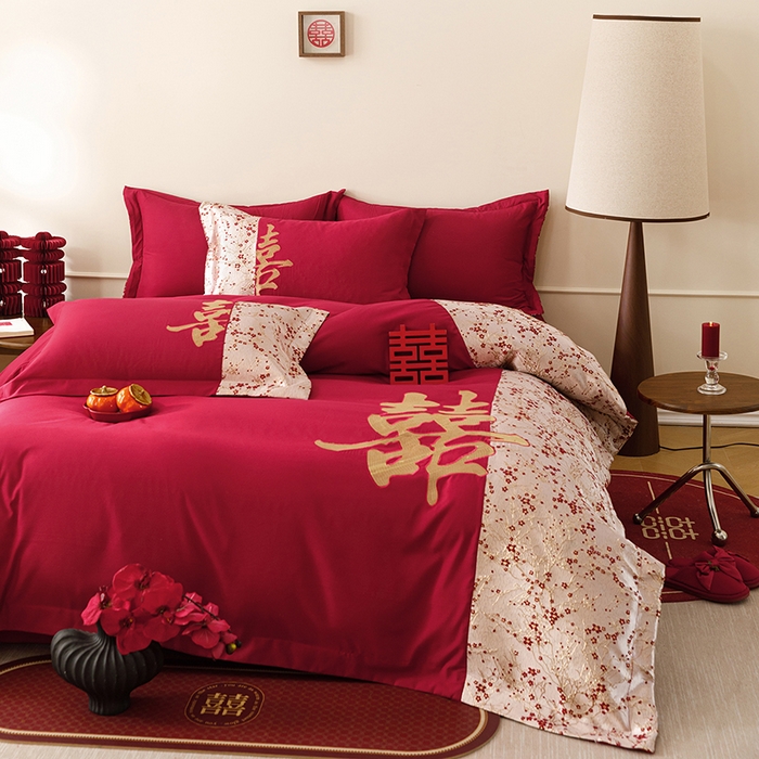 91家纺网 家纺一手货源 找家纺 （总）苏源家居 2026新款婚庆大红色刺绣喜字结婚四件套