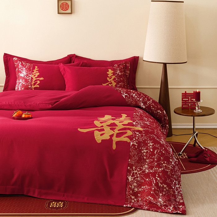 91家纺网 家纺一手货源 找家纺 （总）苏源家居 2026新款婚庆大红色刺绣喜字结婚四件套