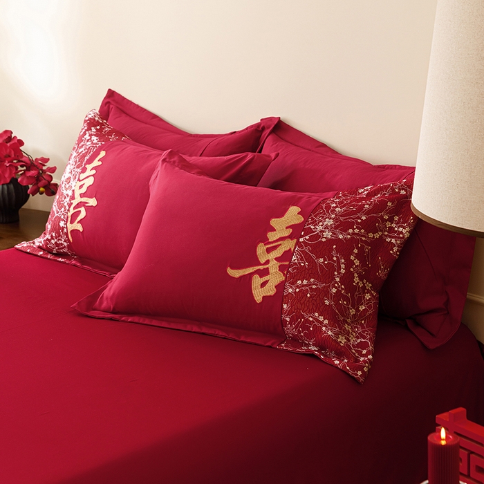 91家纺网 家纺一手货源 找家纺 （总）苏源家居 2026新款婚庆大红色刺绣喜字结婚四件套