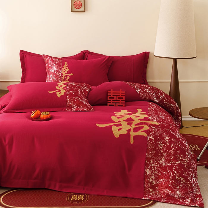 91家纺网 家纺一手货源 找家纺 （总）苏源家居 2026新款婚庆大红色刺绣喜字结婚四件套