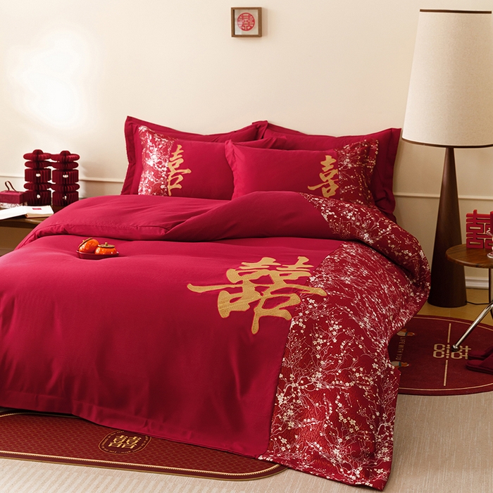 91家纺网 家纺一手货源 找家纺 （总）苏源家居 2026新款婚庆大红色刺绣喜字结婚四件套