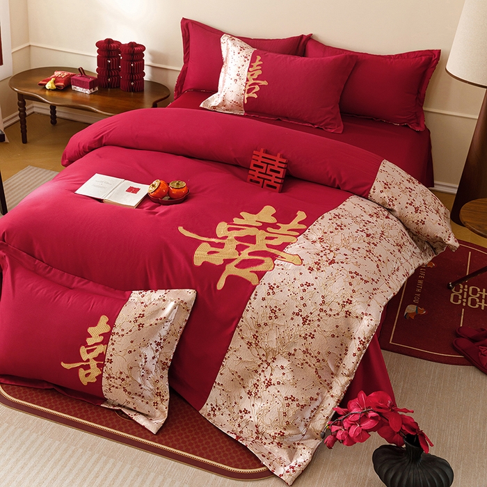91家纺网 家纺一手货源 找家纺 苏源家居 2026新款婚庆大红色刺绣喜字结婚四件套 暗香-金