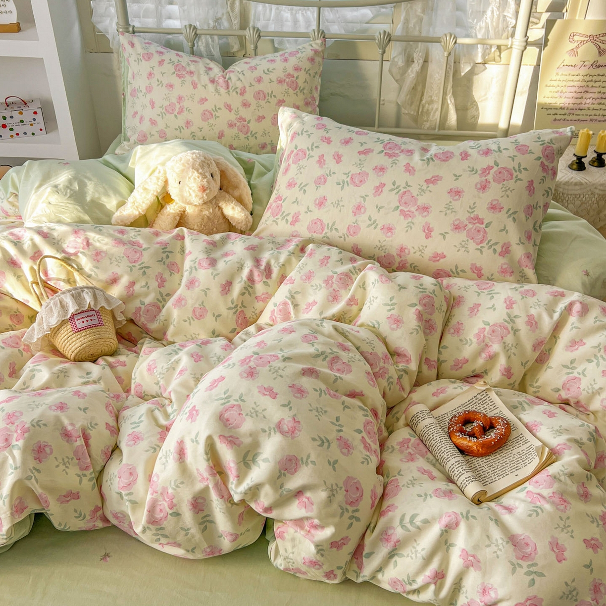 91家纺网 家纺一手货源 找家纺 桃喜 2026春夏新品全棉碎花三件套四件套-场景二 早春花园（全棉）