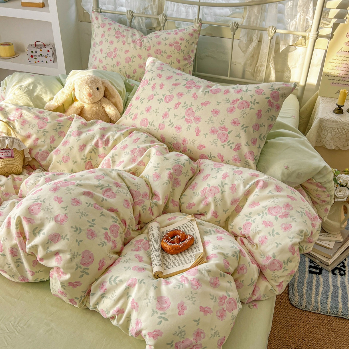 91家纺网 家纺一手货源 找家纺 桃喜 2026春夏新品全棉碎花三件套四件套-场景二 早春花园（全棉）