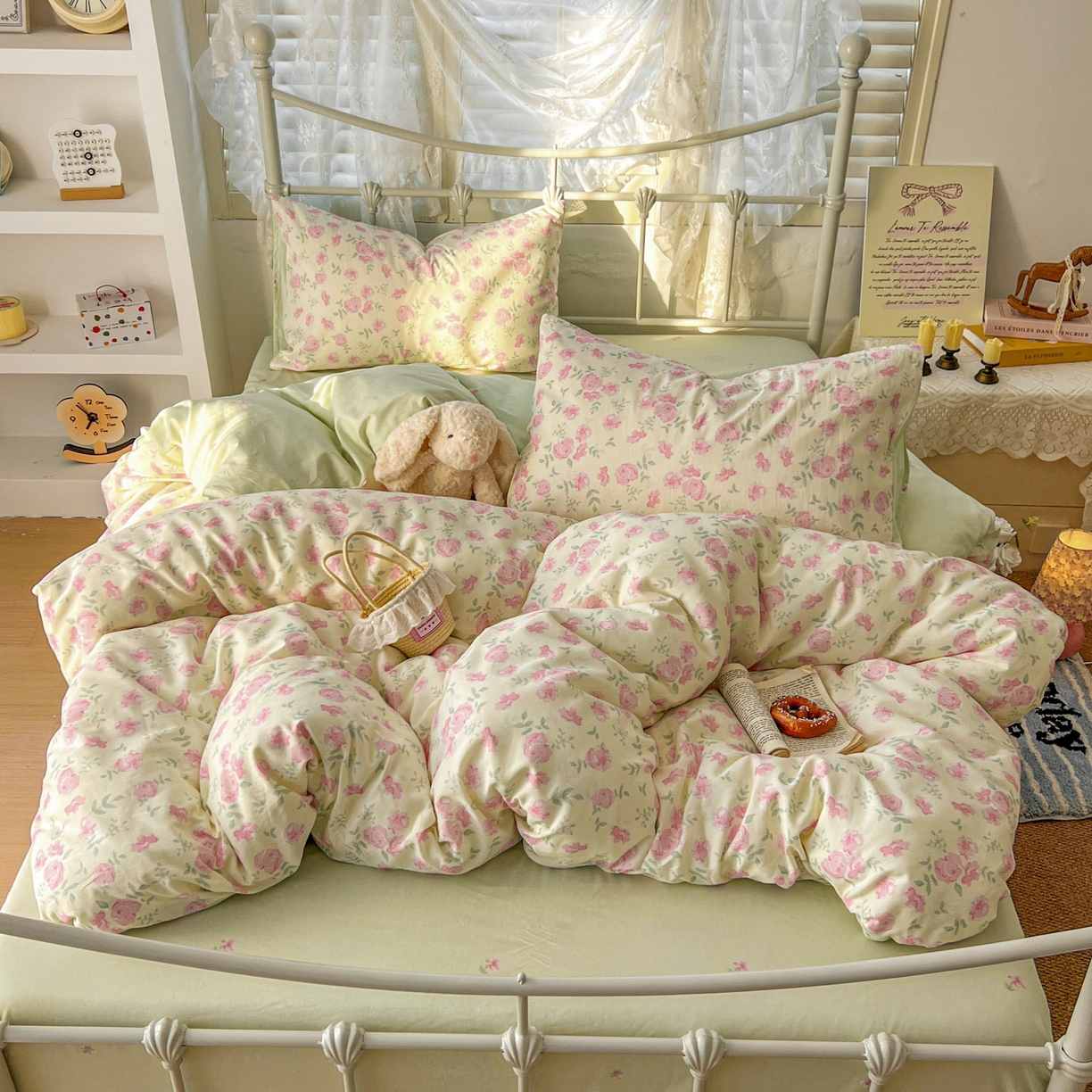 91家纺网 家纺一手货源 找家纺 桃喜 2026春夏新品全棉碎花三件套四件套-场景二 早春花园（全棉）