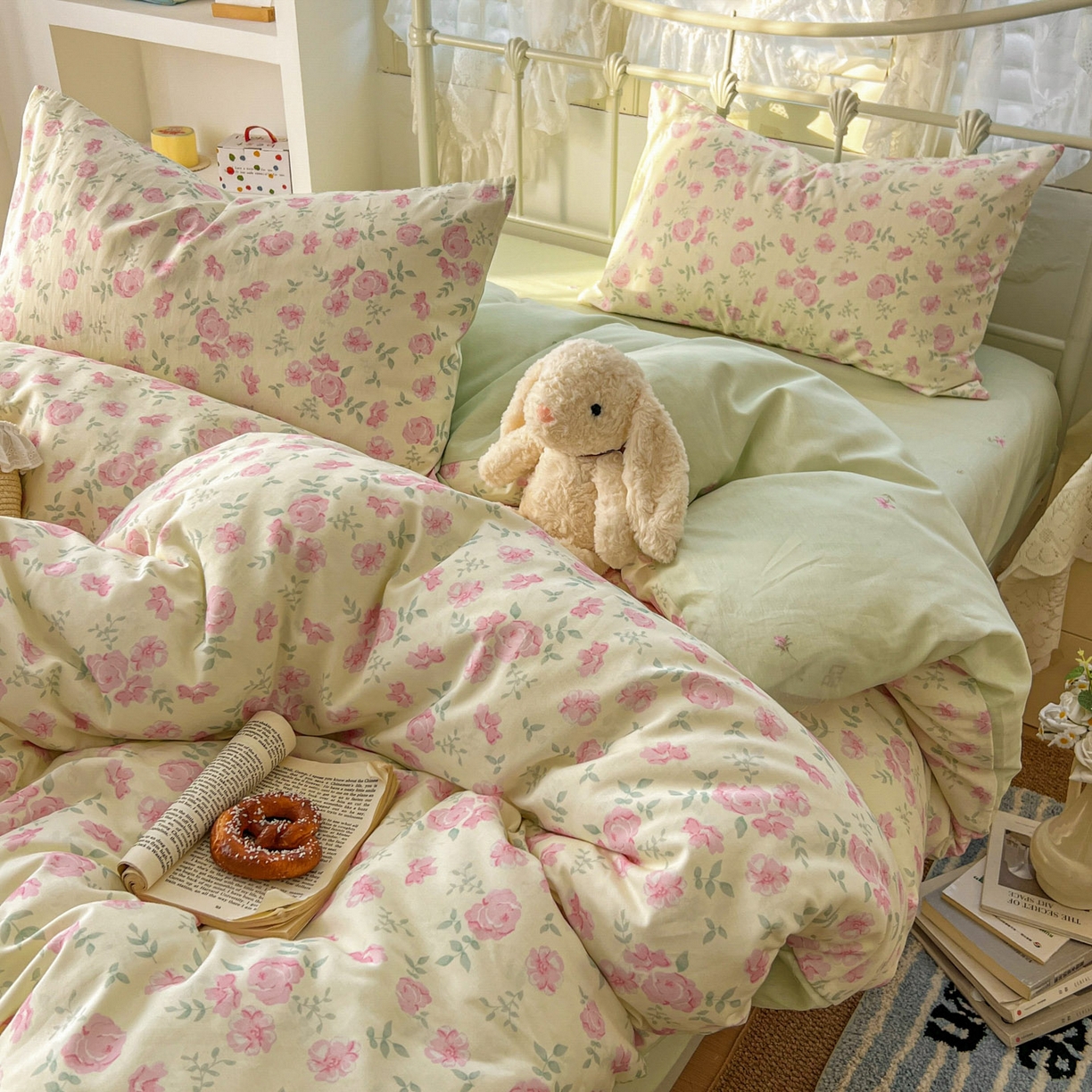 91家纺网 家纺一手货源 找家纺 桃喜 2026春夏新品全棉碎花三件套四件套-场景二 早春花园（全棉）