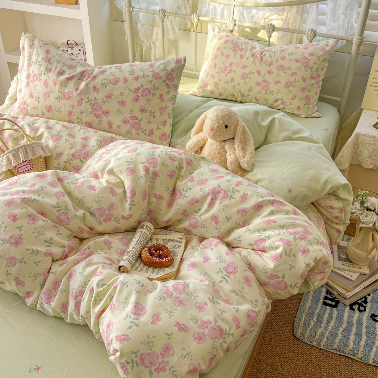 91家纺网 家纺一手货源 找家纺 桃喜 2026春夏新品全棉碎花三件套四件套-场景二 早春花园（全棉）