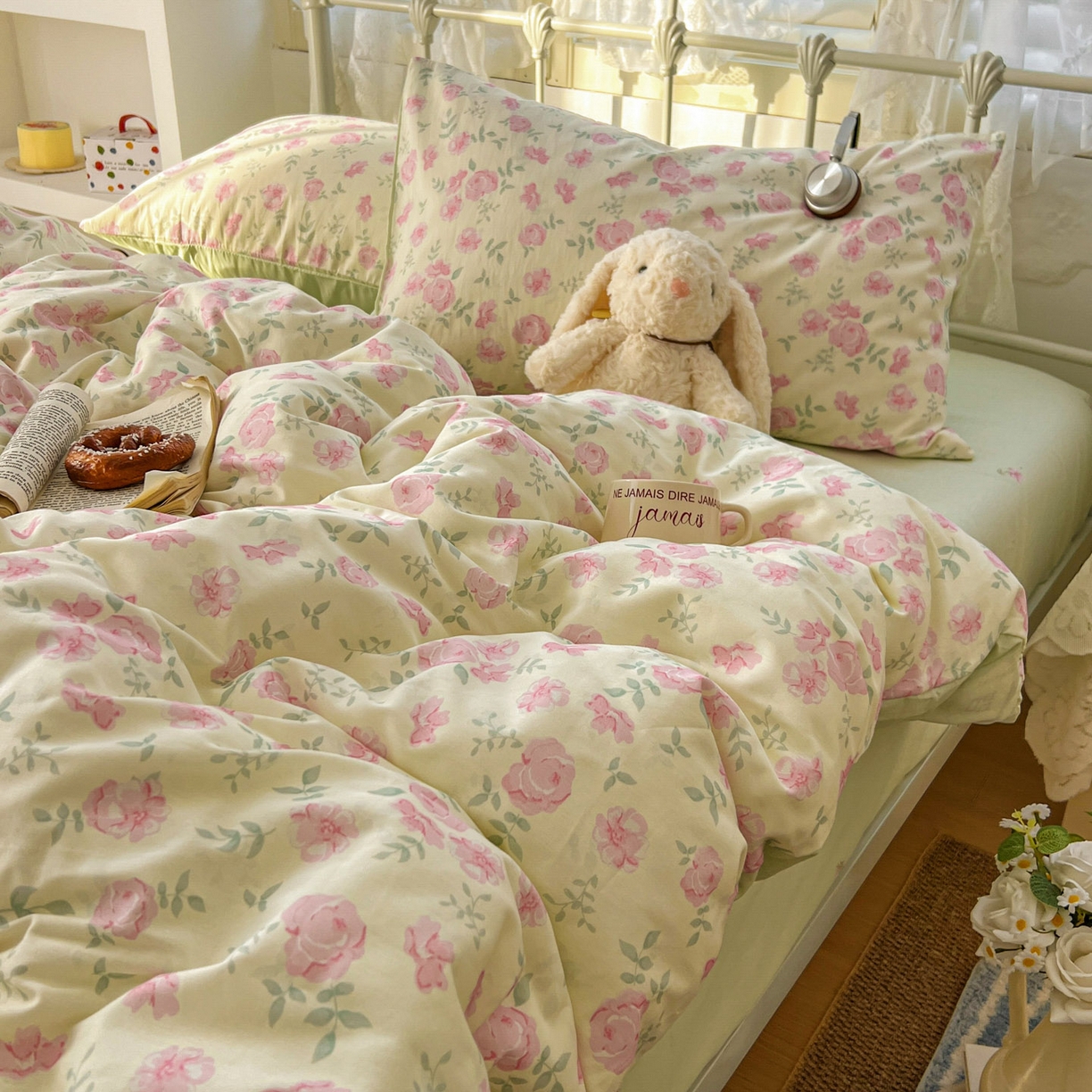 91家纺网 家纺一手货源 找家纺 桃喜 2026春夏新品全棉碎花三件套四件套-场景二 早春花园（全棉）