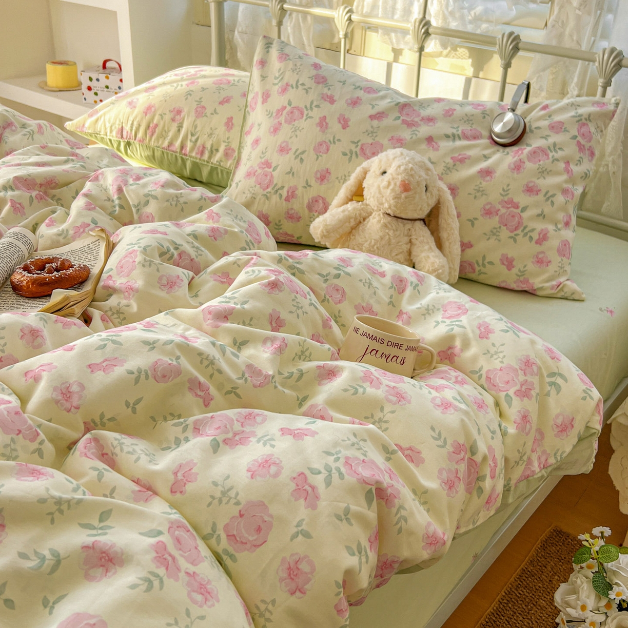 91家纺网 家纺一手货源 找家纺 桃喜 2026春夏新品全棉碎花三件套四件套-场景二 早春花园（全棉）