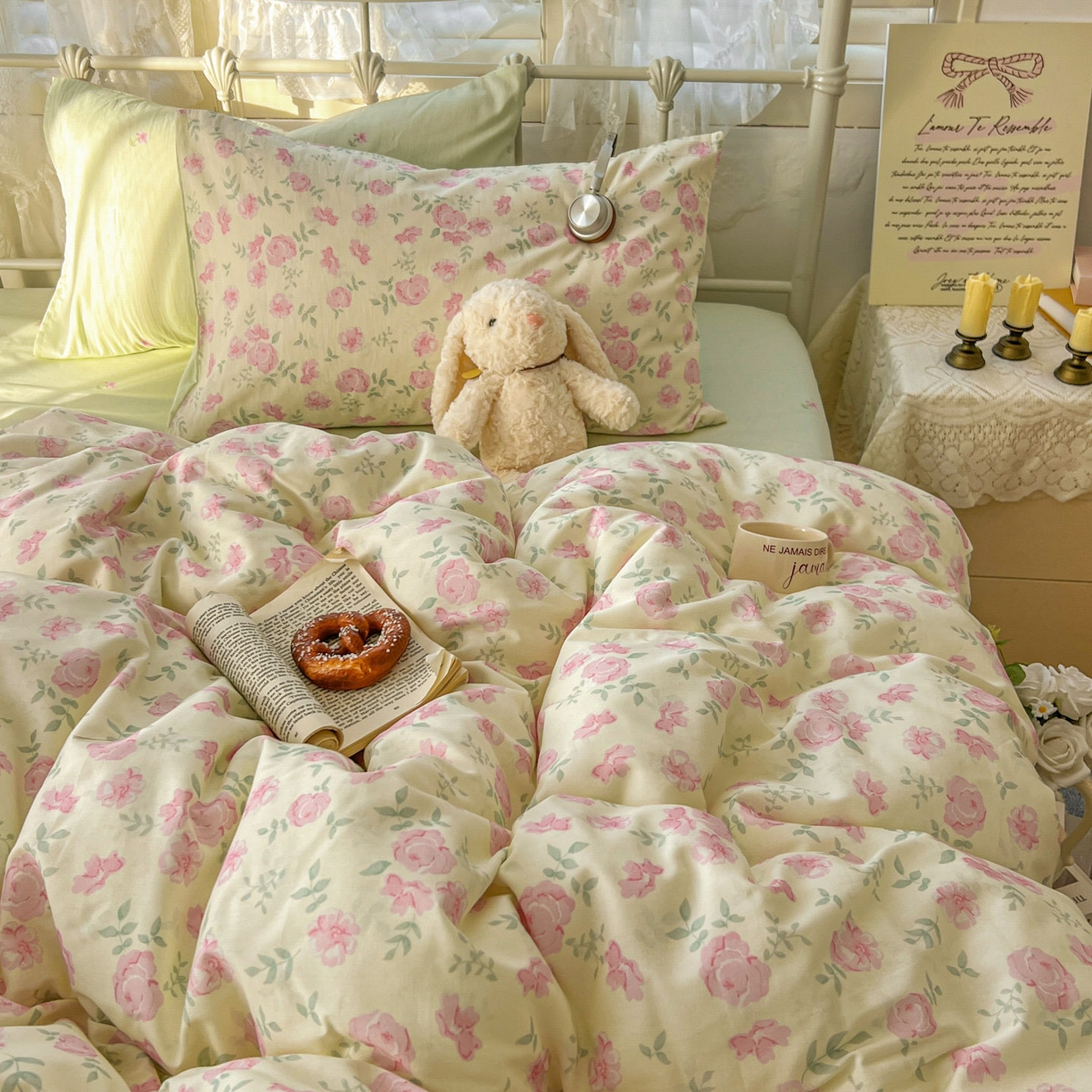 91家纺网 家纺一手货源 找家纺 桃喜 2026春夏新品全棉碎花三件套四件套-场景二 早春花园（全棉）