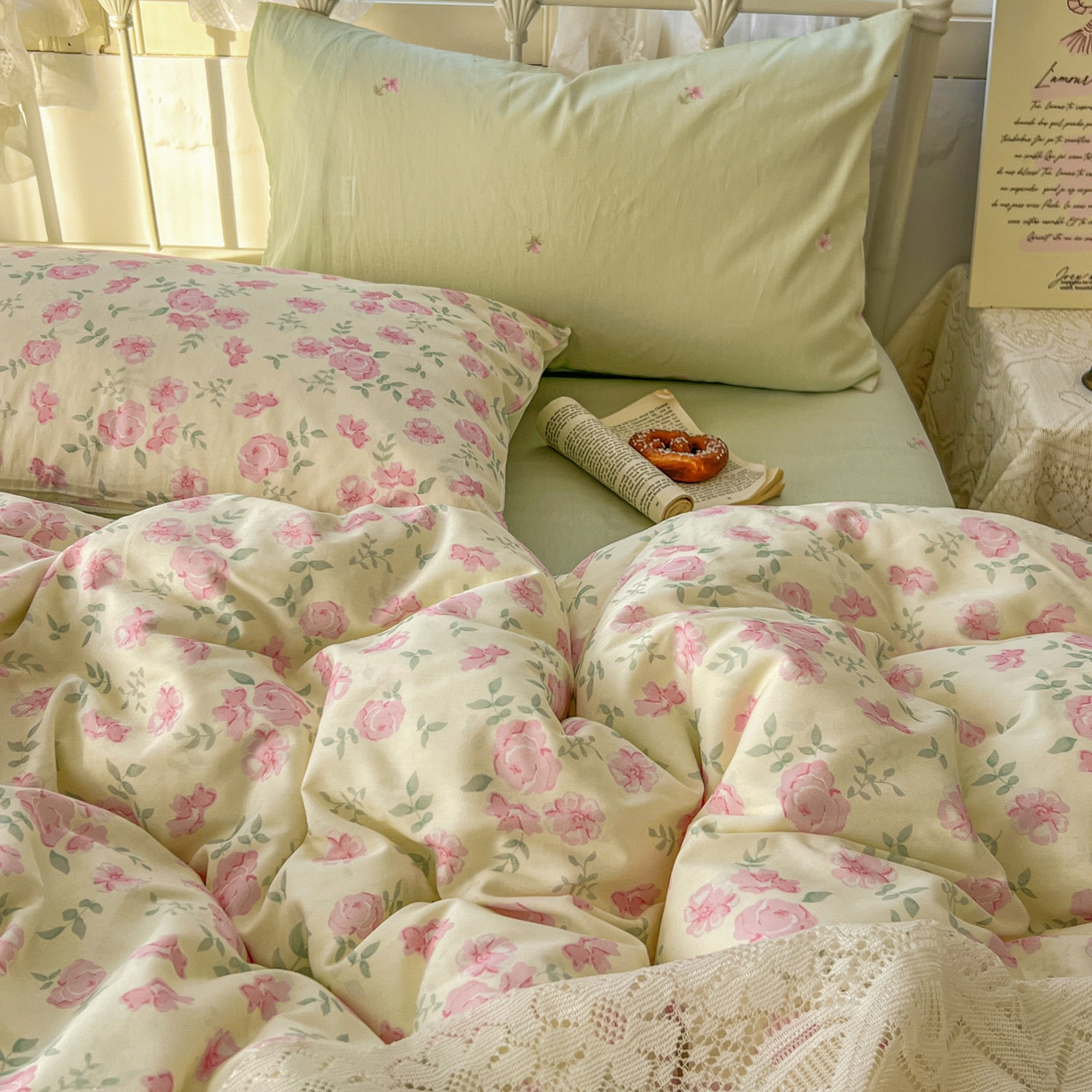 91家纺网 家纺一手货源 找家纺 桃喜 2026春夏新品全棉碎花三件套四件套-场景二 早春花园（全棉）