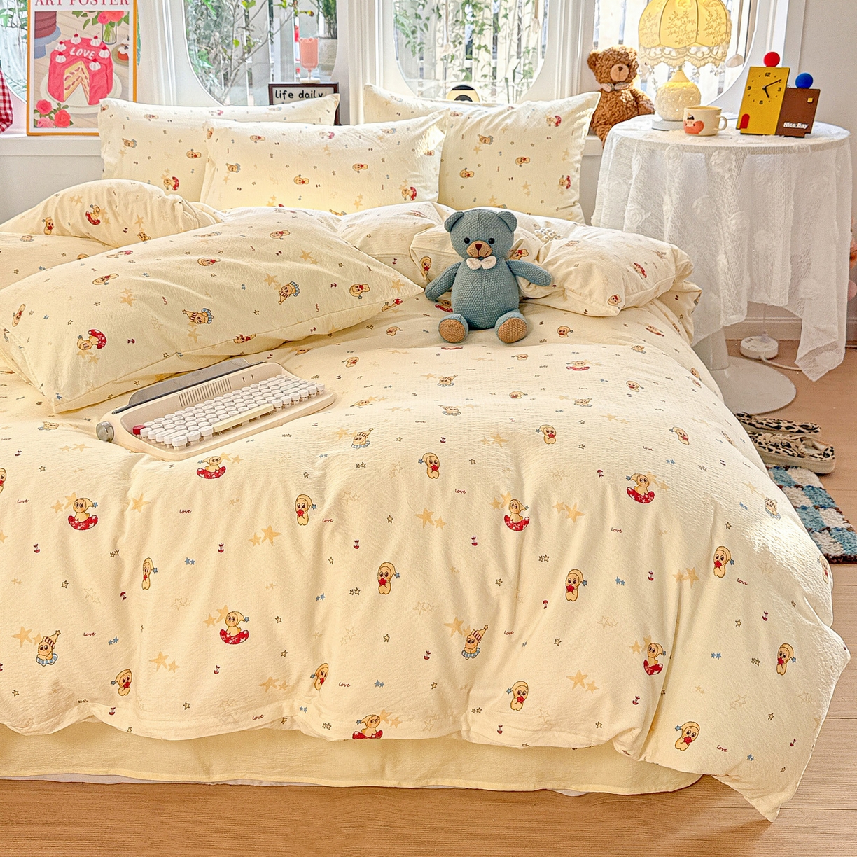 91家纺网 家纺一手货源 找家纺 （总）朵朵家纺 2026新款云感木棉皱皱纱双层纱印花四件套