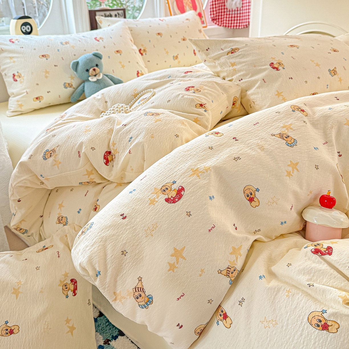 91家纺网 家纺一手货源 找家纺 （总）朵朵家纺 2026新款云感木棉皱皱纱双层纱印花四件套