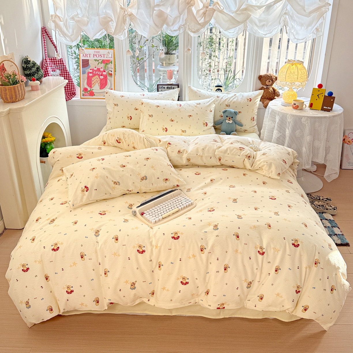 91家纺网 家纺一手货源 找家纺 （总）朵朵家纺 2026新款云感木棉皱皱纱双层纱印花四件套