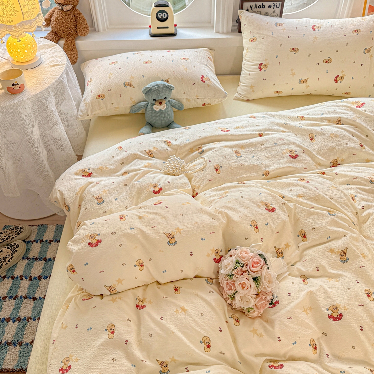 91家纺网 家纺一手货源 找家纺 朵朵家纺 2026新款云感木棉皱皱纱双层纱印花四件套 星星人