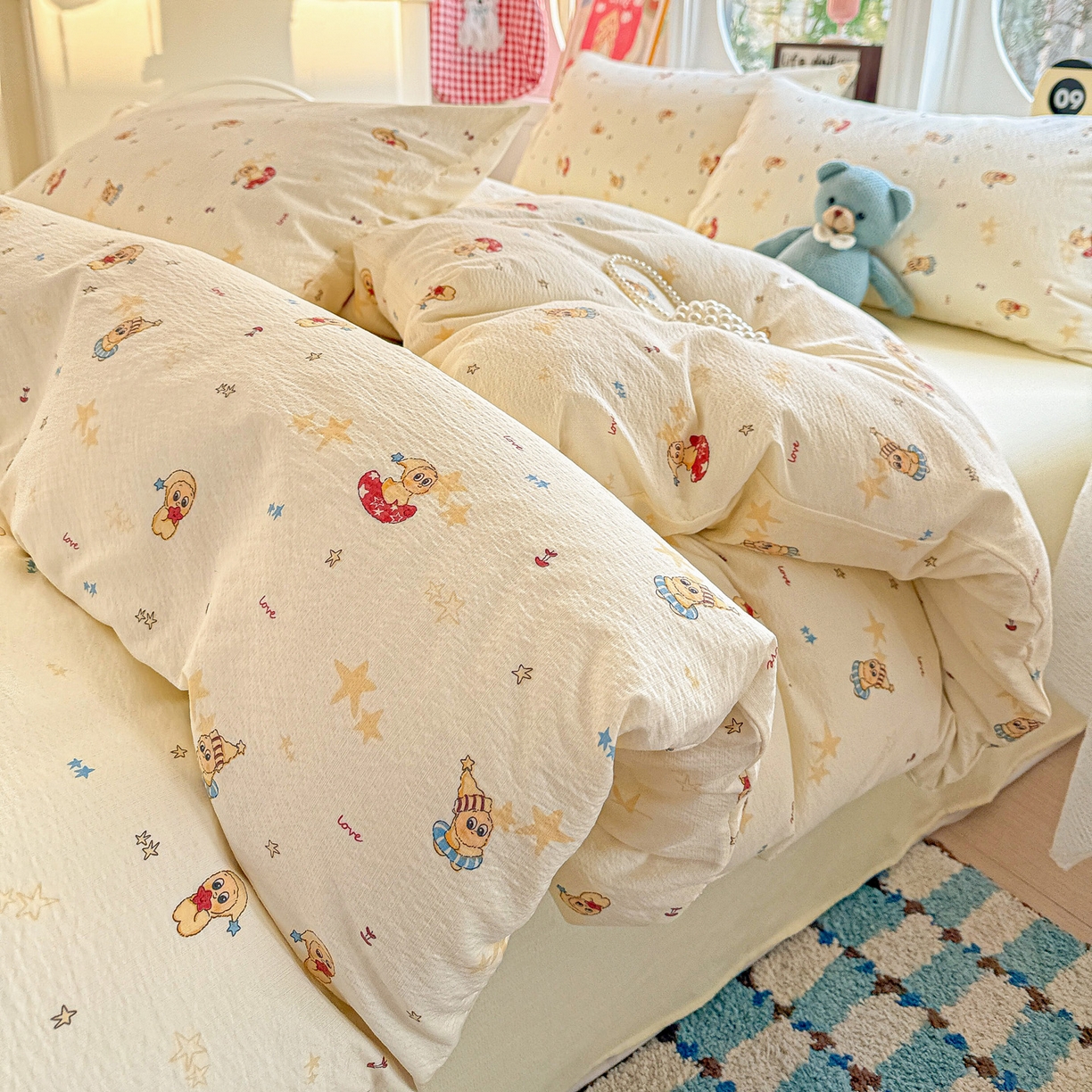 91家纺网 家纺一手货源 找家纺 朵朵家纺 2026新款云感木棉皱皱纱双层纱印花四件套 星星人