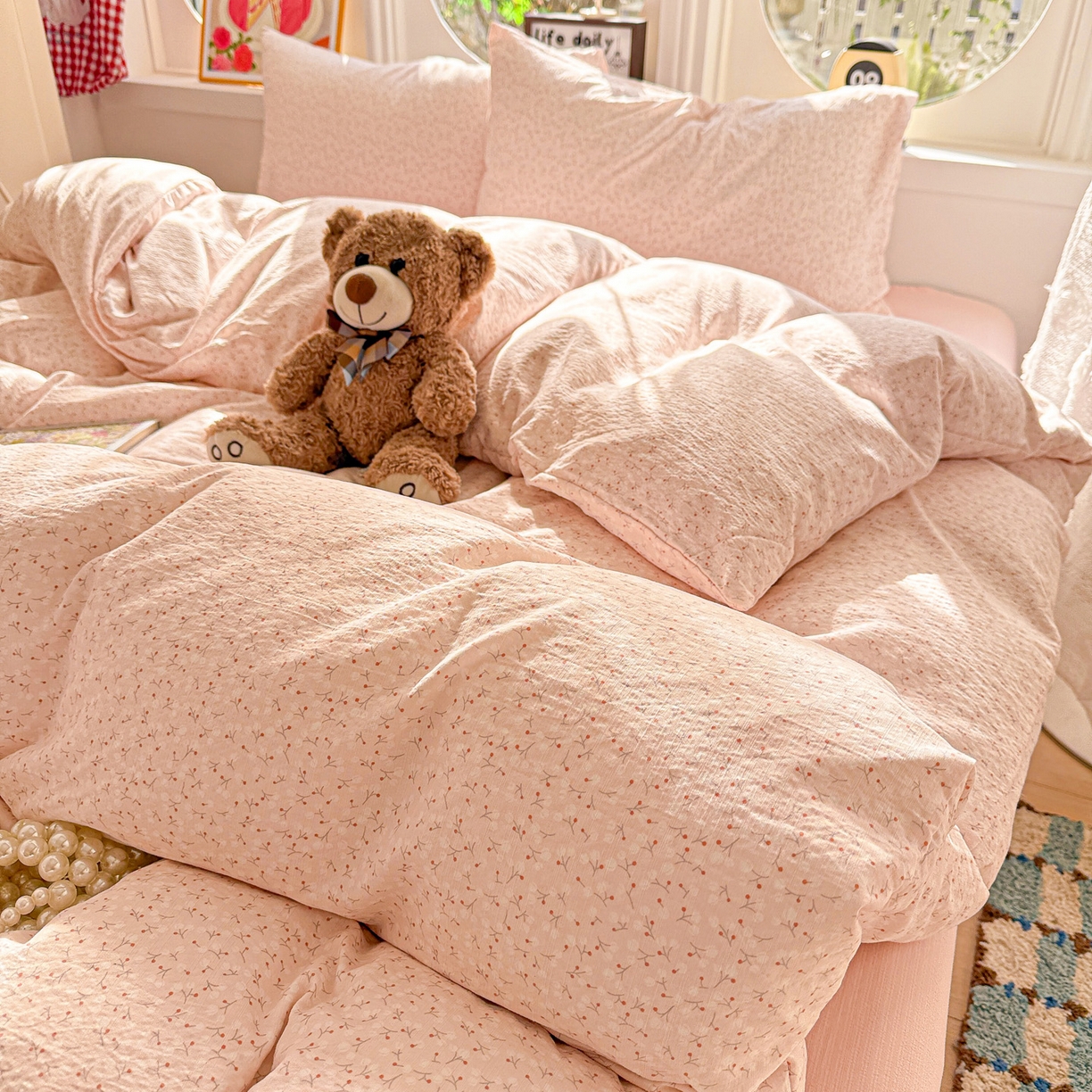 91家纺网 家纺一手货源 找家纺 朵朵家纺 2026新款云感木棉皱皱纱双层纱印花四件套 甜茶